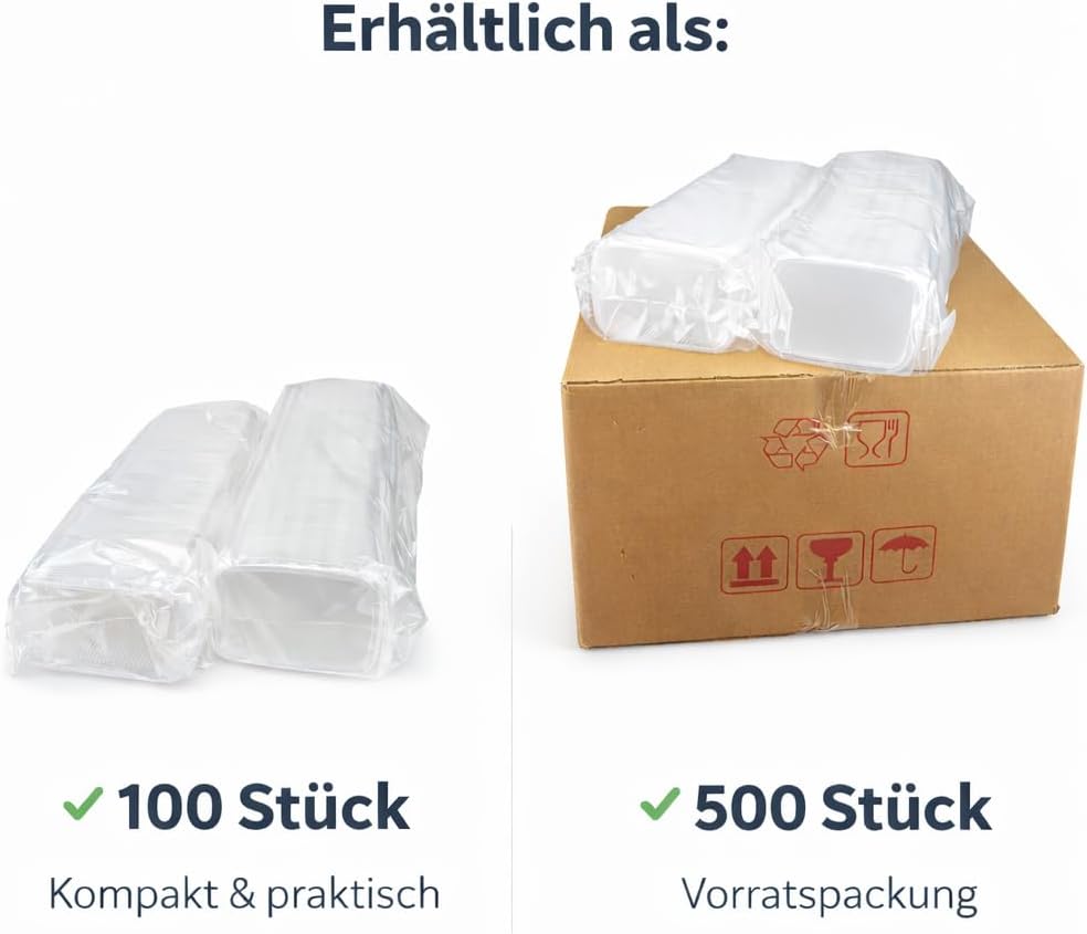 1,000 Deli Cups with Lids 500 ml - PP Rectangular Cups Stackable & Microwave Safe - Salad Cups / Packaging Cups