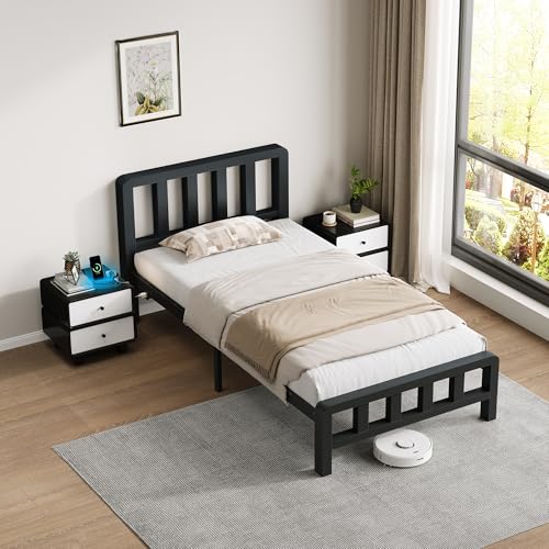 Image of Twin Size Metal Platform Bed Frame with Movable USB Charging Ports | 1500 Lbs Heavy Duty Noise-Free Steel Slats, 10 inch Under Bed Storage, Thickened Vertical Slatted Headboard, for Teens Dorm Adult