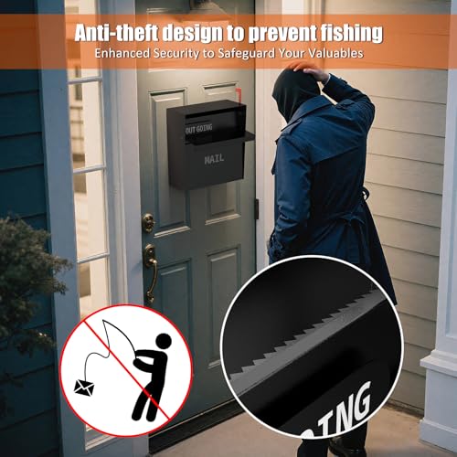 Image of Wall Mounted Locking Mailbox with Outgoing Mail Slot, Secure Drop Box for Home or Office, Weatherproof Steel Mail Box with Key Lock and Red Flag - Black