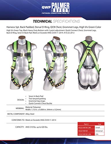Image of Palmer Safety Full Body Harness with 5 Point Adjustment, Dorsal D-ring, Grommet Legs, Two Side D Rings, and Fall Indicators