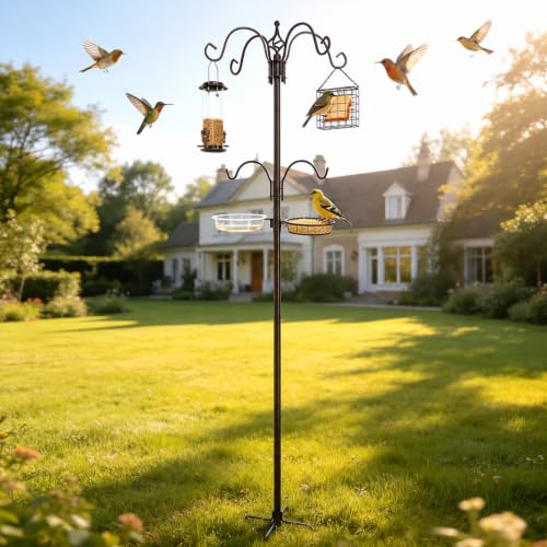 94" Bird Feeding Station Kit with Multiple Hooks, Heavy Duty Metal Bird Feeding Station with Seed Tray & Mesh Basket, Easy Assembly Ground Mounted Bird Feeder Pole for Garden Yard Outdoor