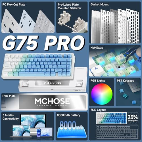 Image of MCHOSE G75 PRO 75% Wireless Mechanical Keyboard, TKL Keyboards Tri-Mode BT5.0 /2.4GHz /USB-C, Hot Swap Custom Creamy Keyboards Linear Switch, Double Shot PBT Keycaps RGB LED Backlit, White&Blue