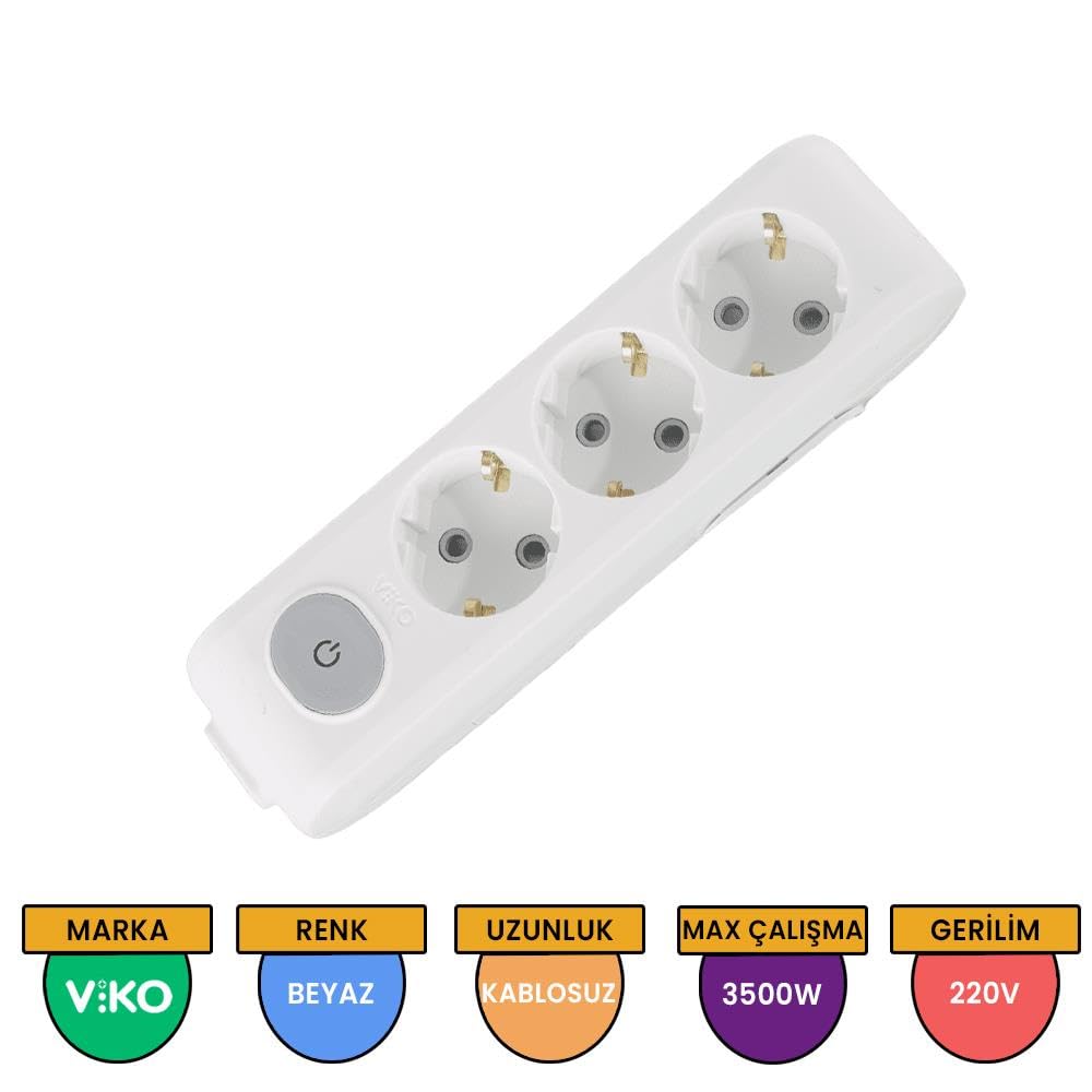 Viko Multi-Let Üçlü Priz Anahtarlı Topraklı Çocuk Korumalı Klemensli-Beyaz (Kablosuz)