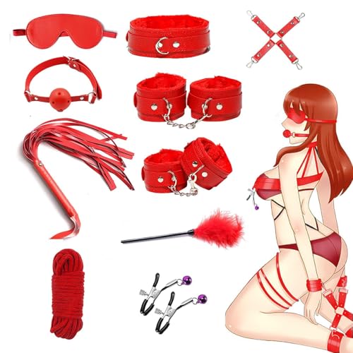 Sexual Bondage Set SM Couple's Extreme Bondage Set Sex Toy 10-Piece Bedroom Erotic Accessories Women's Sweater - F8US (Red)