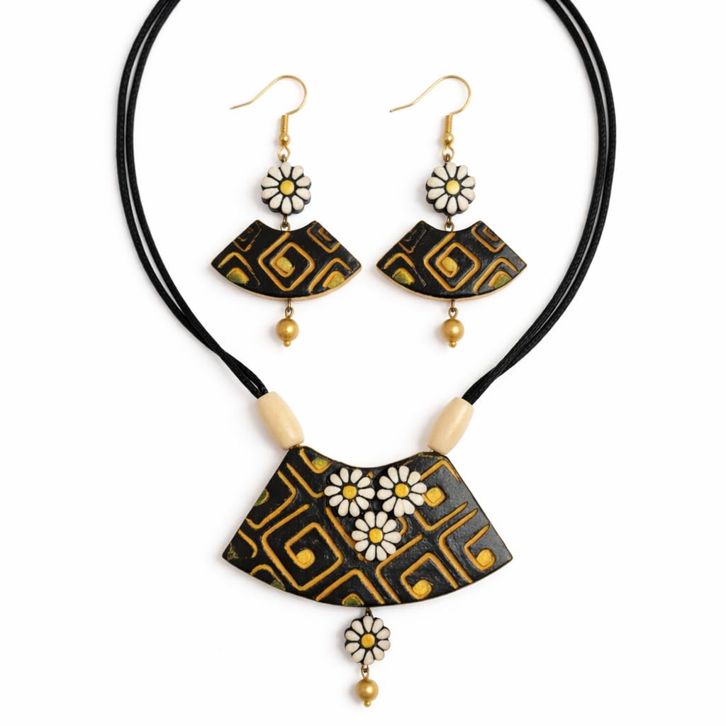 Premium Handcrafted Terracotta Jewellery Set for Women | Designer Blue & Black Ethnic Necklace with Earrings | Artistic Floral Statement Jewellery | Made in India-image-17