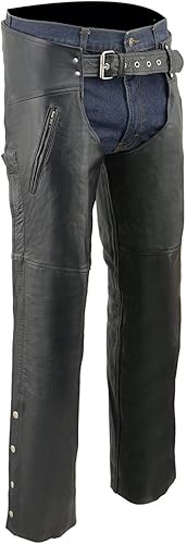 Milwaukee Leather Chaps para hombre de cuero negro doble lado muslo cremallera cierre bolsillos motocicleta jinete cap- LKM5782