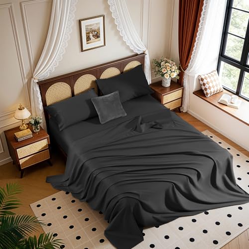 Image of 100% Egyptian Cotton Sheet Set 4 Pcs , 1200 TC, 16 inch Deep Pocket Sheet Queen | Long Staple Cotton Sheet, Soft and Breathable, 1 Fitted Sheet, 1 Flat Sheet, 2 Pillowcase Cozy for All Season, Black