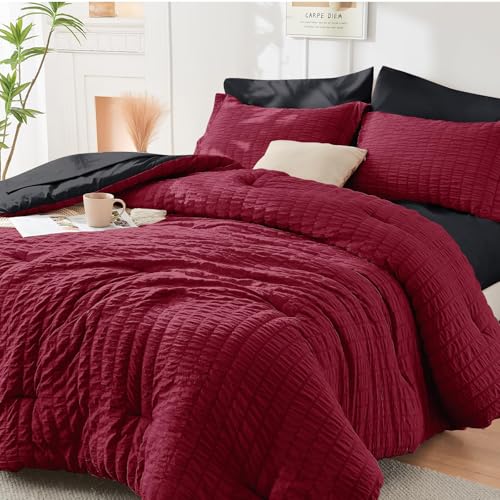 Image of HYMOKEGE Red & Black California King Comforter Set Seersucker 7 Pieces, All Season Luxury Bed in a Bag for Bedroom, Bedding Set with Comforters, Sheets, Pillowcases & Shams