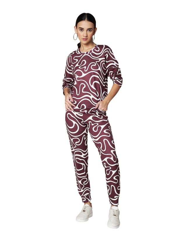 DTR FASHION Wine Cotton Blend Styled With Abstract Print Tracksuit | Co-ord Set For Women| Active Wear Suit Set For Women|
