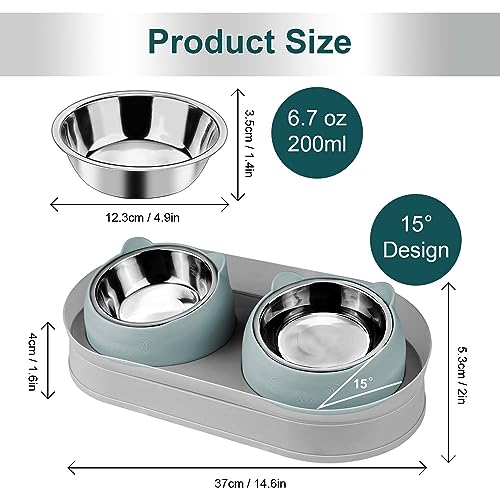 KEVIDEAWL Elevated Raise Tilted Cat Food Bowls,with Stand Stainless Steel, Anti Vomiting, Double Cat Food and Water Bowl Set (Grayblue)