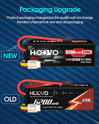 HOOVO 4S Lipo Battery 14.8V 6200mAh 120C RC Car Battery Hard Case with TR Plug Compatible for 1/8 and 1/10 Scale RC Car RC Buggy Truggy Truck Slash 4X4 Crawler Monster RC Hobby 2 Pack