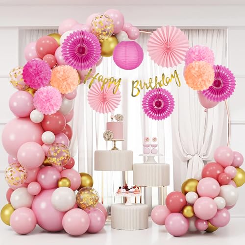 Image of SUNBEAUTY Hot Pink Birthday Party Decorations for Girls Women with Happy Birthday Banner Hot Pink Paper Fans Tissue Pom Poms Lantern Decorations Birthday Decorations Kit