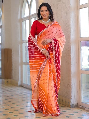 Image of SIRIL Women's Georgette Bandhani Printed Saree With Unstitched Blouse Piece