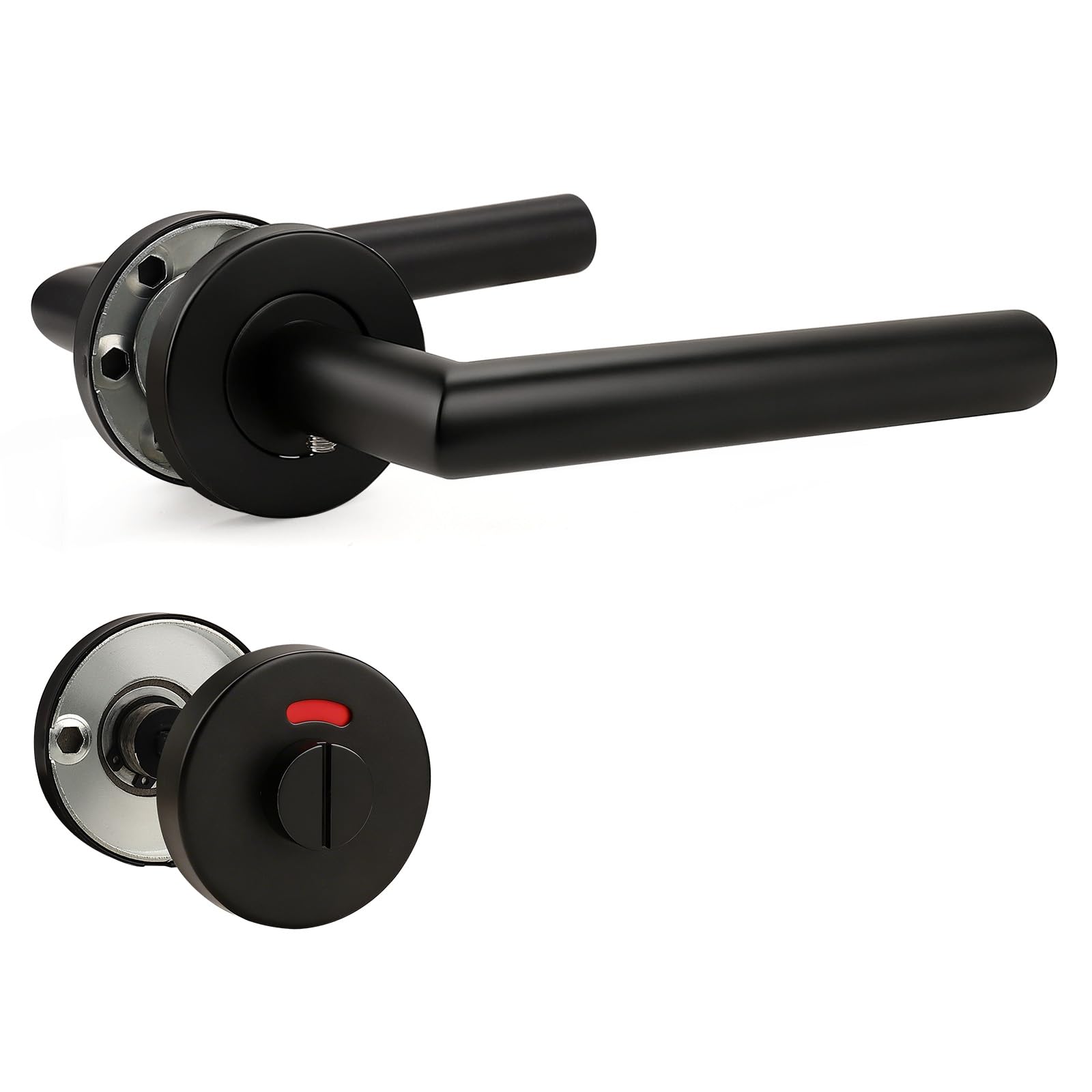 Brotima Black Door Handle with Bathroom Lock Rosette, Door Handle with Lock Rosette, Handle for Interior Doors, Non-Latch 1 Pair Handles