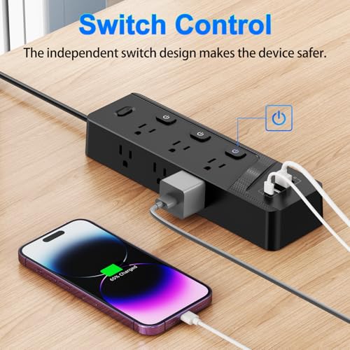 Image of HITRENDS Power Strip with 6 AC Outlets and 4 USB Ports (2 USB-A & 2 USB-C), Dual Control Switches, 6 Ft Flat Plug Extension Cord with Multiple Outlets, Overload Protection, 10A /1250W, Black