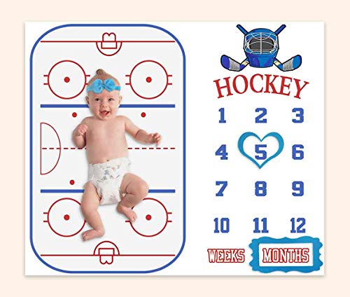 Image of PHMOJEN Baby Age Milestone Blanket, Hockey Stadium Blanket for Nursery, Baby 1-12 Months Growth Chart, Includes 4 Frame and 1 Headband 47"x40" BTLSPH298