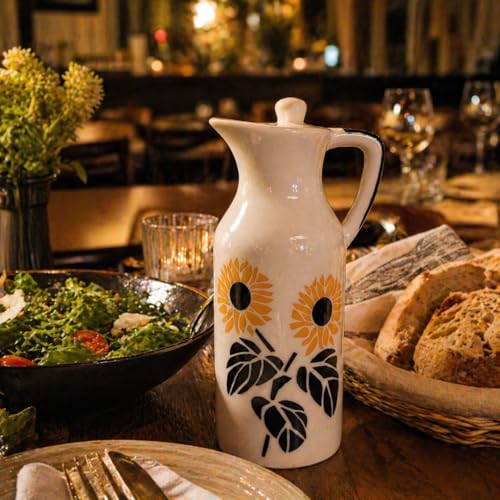 Image of Crazy Sutra Naturra Sunflower Ceramic Oil Dispenser Bottle | Decorative, Vinegar & Olive Oil Pourer, With Lid, Kitchen Serving Cruet