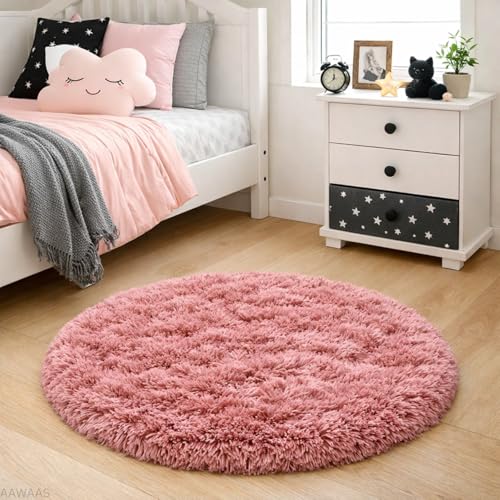 Image of Premium Polyester Shaggy Round Rug - Ultra Soft Fluffy Circle Carpet for Bedroom, Living Room, Kids Room, Anti-Skid Plush Floor Rug - (Pink, 2 feet|60cm)