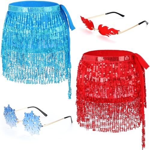 Funnysoft 4 Pcs Halloween Fire and Ice Costume Accessories Includes Flame Snowflake Glasses Red Blue Belly Dance Hip Scarf Sequin Tassel Skirt Wrap for Halloween Party Cosplay Costume