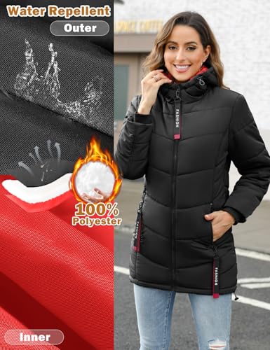 Yuson Girl Wintermantel Damen Warm Steppjacke Parka Lang Mantel Winter Jacke mit Kapuze Herbst Winter Steppmantel Outdoorjacke Elegant Kapuzenmantel mit Zipper, Tasche(Schwarz, M)