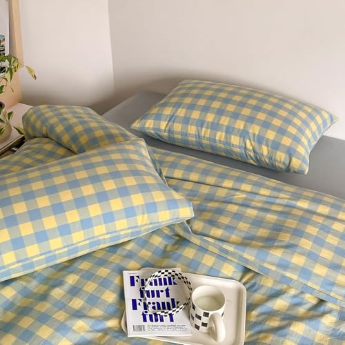 Image of mixinni Plaid Duvet Cover Set King Yellow - Soft Washed Cotton Modern Geometric Bedding Set with 2 Pillowcases, Blue Green Gingham Grid King Duvet Cover for Men & Women, Soft & Lightweight