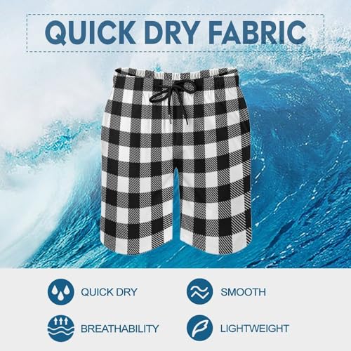 Black White Twill Stripe Plaid Print Mens Swim Trunks, Quick Dry Swim Shorts with Mesh Lining Swimwear Bathing Suits3