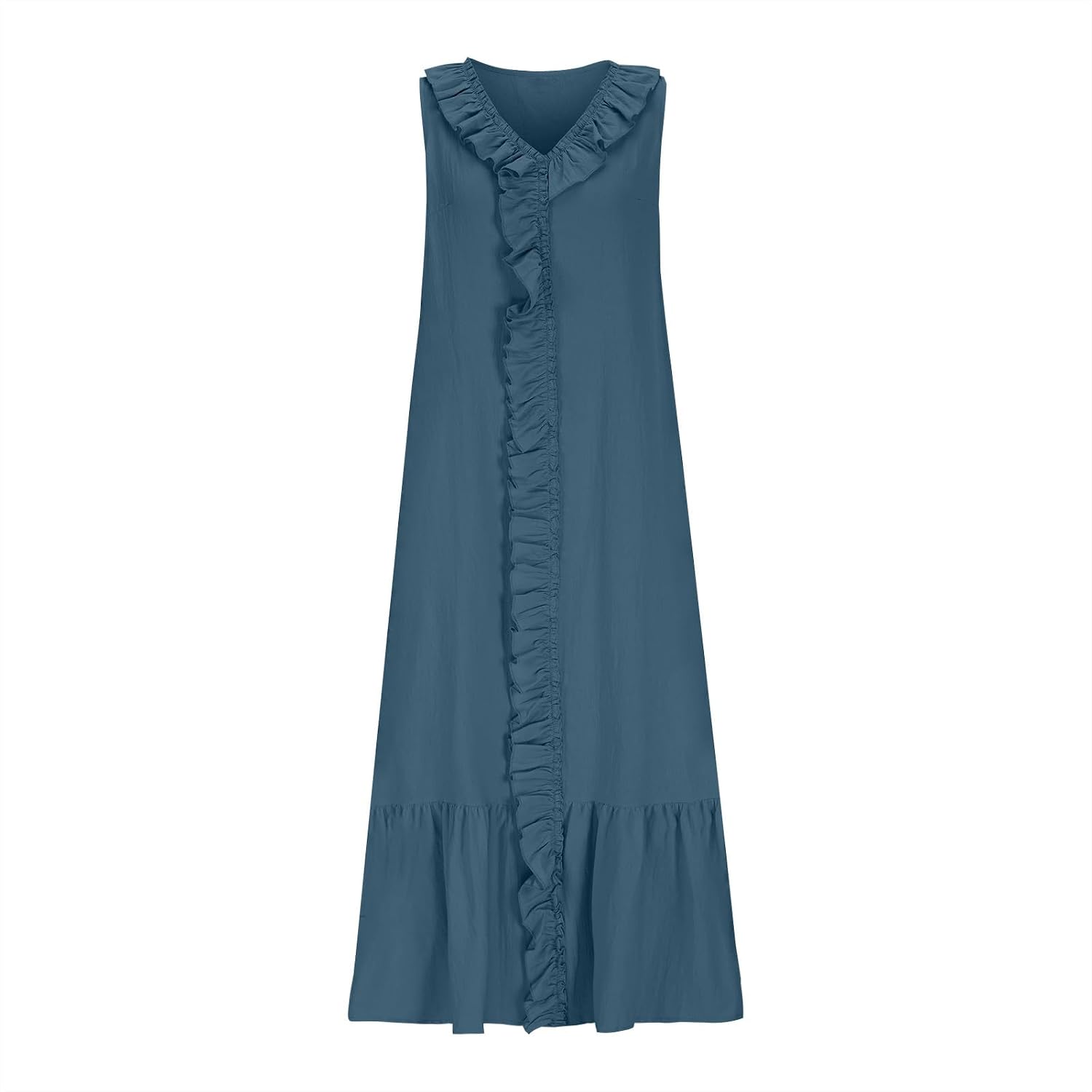 Women's Summer Sleeveless V Neck Ruffle Trim Dress A Line Flowy Long Beach Maxi Dresses Going Out Shift Tank Sundress