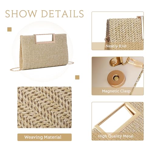 EVEOUT Pochette de Soirée en Paille Femmes Clutch Paille Tissée avec Chaîne été Sac à main Paille pour Mariage Plage Vacances（Couleur naturelle） – vue 7