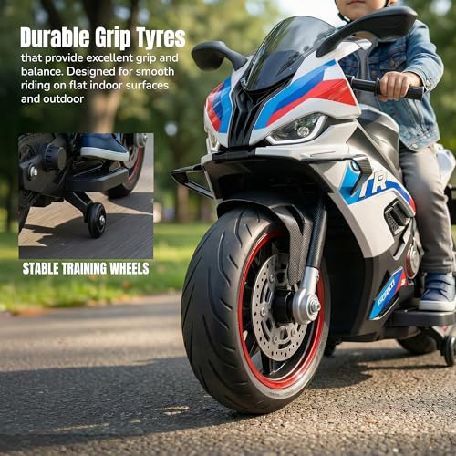 Image of Baybee BTR Baby Battery Operated Bike for Kids with Hand Accelerator USB Bluetooth, Rechargeable Rideon Toy Bike with RGB LED Light & Music, Baby Electric Bike for Kids 3+ Years Boys Girls (White)
