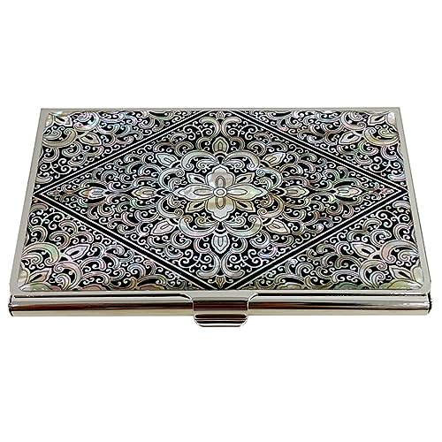 Mother of Pearl Business Card Case Credit Id Name Holder Travel Wallet Art Painting Design Metal Stainless Steel Engraved Slim Purse Pocket Cash Money Wallet (Diamond Arabesque)2