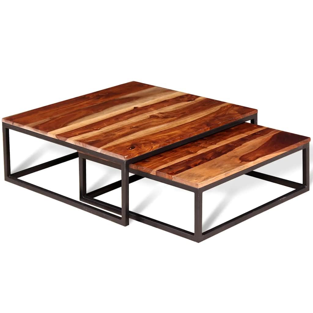 Hothingwell - Juego de mesa baja (2 unidades, madera maciza) | Estilo Retro, Acabado Mate, Madera Duro Tropical, Marco Metal Industrial, Diseño Emboitable