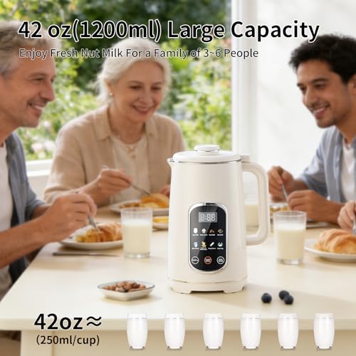 Image of Kuhuz Nut Milk Maker,42oz Plant Based Milk Machine For Homemade Almond /Oat /Soy,10-in-1 Countertop Blender With Juice /Milkshake /Food Processor /Boil Water,Delay Start /Keep Warm /Self Cleaning,White