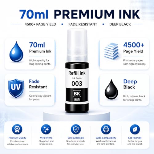 Image of ROHINK 003 Compatible Refill Ink for Epson L3110, L3150, L3250, L3252, L3115, L3116, L3101, L3210, L3215, L3216, L3151, L3152, L3156, L5190 Printers(003 Black Pack 3)