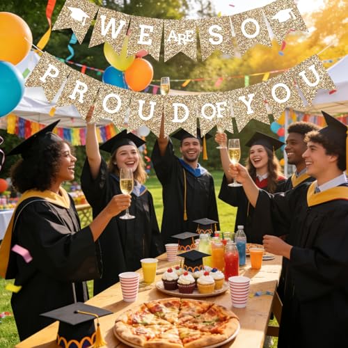 Image of Gold We Are So Proud Of You Banner Congrats Grad Cap Bunting Flag Grad Party Decoration Idea