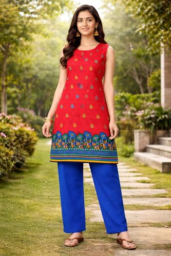 Image of Women's Cotton Blend Unstitched Kurti Set for Women | A-Line Style Dress Material | 2-Piece Traditional Ethnic Wear Suit Fabric