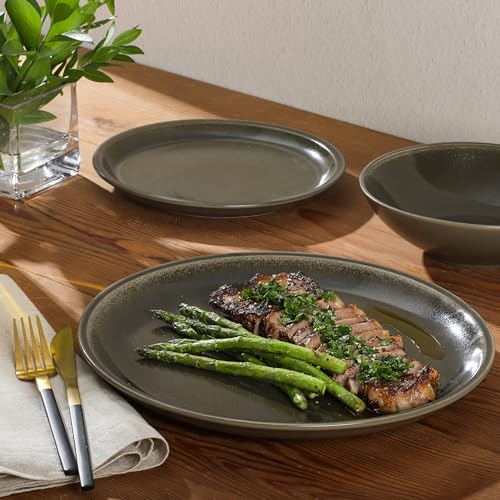 Image of Gibson Elite 12 Piece (Service for 4) Lakecrest Plates and Bowls Reactive Glaze Round Dishes Stoneware Ceramic Dinnerware Set - Dark Green