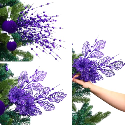 CristBest 24 Pack Christmas Tree Ornaments - Artificial Flowers Glitter Berry Stems Christmas Floral Picks Branches for Xmas Tree Decorations Vase Filler Holiday Wedding Party Home Decor (Purple) - image 6