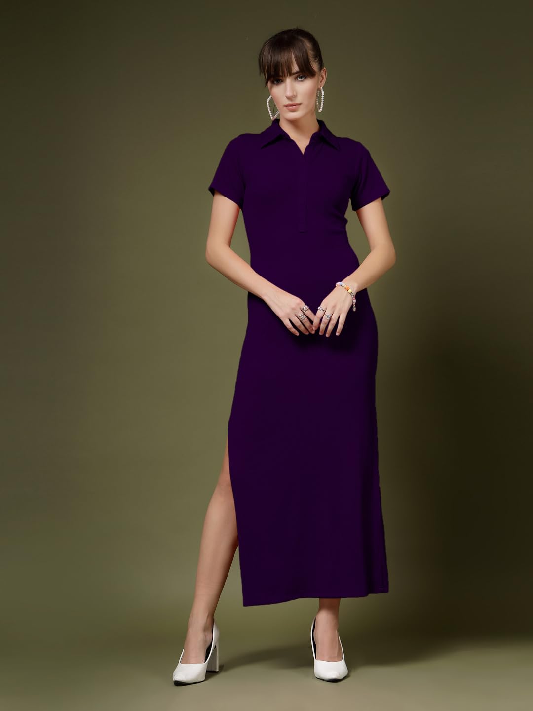 Oomph Women's Western & Fusion Wear Stretchable Ribbed Lycra Shirt Dress For Women, Bodycon, Purple - Md1008