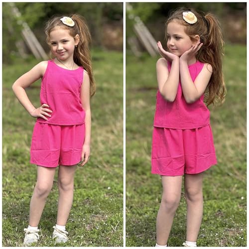 Image of Arshiner Girls Summer 2 Piece Outfit Sleeveless Top and Paperbag Waist Shorts with Pockets Kids Shorts Set Ages 5-13