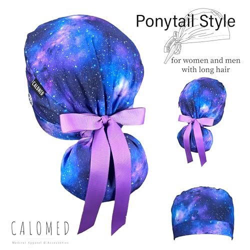 Image of Scrub Cap for Women and Men, Ponytail Scrub Caps, Working Hat, Head Cover with Ribbon Ties and Buttons, Long Hair