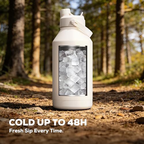 Image of POWCAN 64 oz Water Bottle Insulated with 2-in-1 Straw and Spout Lid, Carrier Bag, Handle Strap, Leakproof, BPA-Free, Half Gallon Metal Water Bottle for Camping, Picnic and Hydration (Cream)