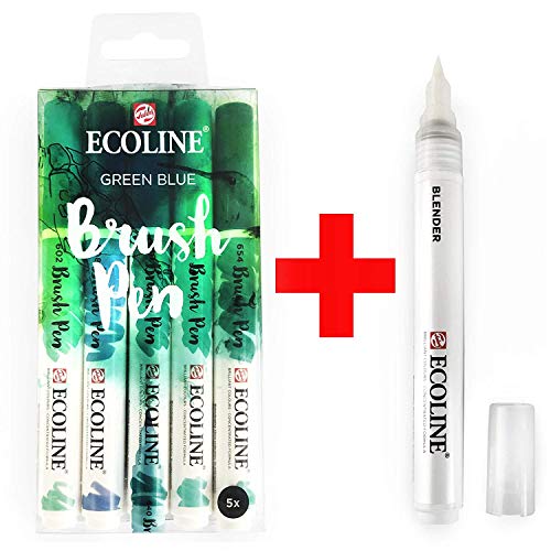 Royal Talens Ecoline Líquido Acuarela Dibujo Pintura Rotuladores Pincel - Verde Azul Set de 5 IN Cartera + Combinación Bolígrafo