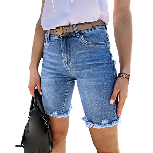 JEKE-DG Women's Jean Slimming Denim Shorts Summer High Waisted Jean Shorts Raw Hem Ripped Distressed Shorts (Small,Blue)