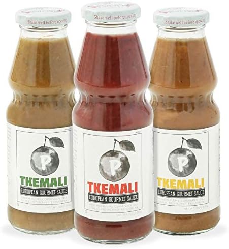 PMONA Tkemali Georgian European Gourmet Sauces, 13 oz Bottle, 3Count Variety Pack Red, Green,Yellow Sour Plum Sauces, Gluten-Free, Kosher Certified Condiments, Preservative Free NEW & IMPROVED RECIPE