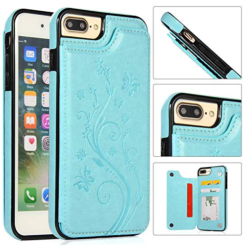 QFUN Back Wallet Case for iphone 7 Plus/8 Plus with Stand, Elegant Embossed Design [Butterfly Flower] Lightweight Slim Fit Leather Phone Case with Card Holder Protective Bumper Flip Cover - Green