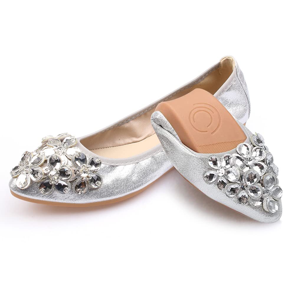 Zapatos Planos de Ballet para Mujer, Plegables, Informales, Brillantes, con Diamantes de imitación, Zapatos de Bailarina cómodos para Caminar, A1 Plata, 38.5 EU