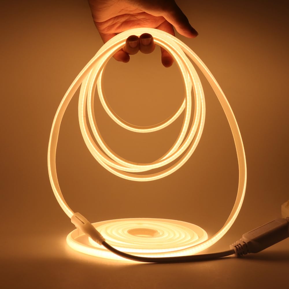 HEGEHE Dimmable COB Neon Light Strip with 220V Dimmer Switch, Cut to 50cm, 288LED/m Flexible and Waterproof Silica Gel Rope Light(7m, Warm White)