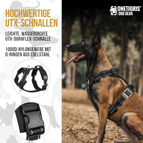 OneTigris Hundegeschirr, Diesel Einstellbar Taktisches Geschirr Weich Gepolstert Brustgeschirr für mittelgroße und große Hunde mit Reflektierend, 1 Griff, 3 D-Ringe (Schwarz, XL)