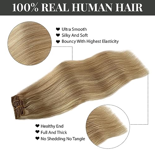 Image of Belaved Clip in Hair Extensions Beach Blonde 14 Inch 70g 7pcs Highlighted Hair Extensions Clip in Human Hair Seamless#8BP60