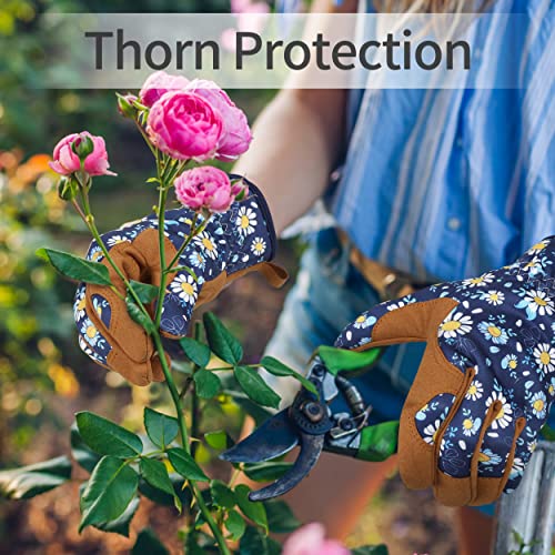 Granila Gardening Gloves For Women, Daisy Leather Work Garden Gloves Breathable Flexible Thorn Proof With Deerskin Suede For Weeding, Digging, Planting, Raking And Pruning For Yard Work（Blue And Brown） #TOP4